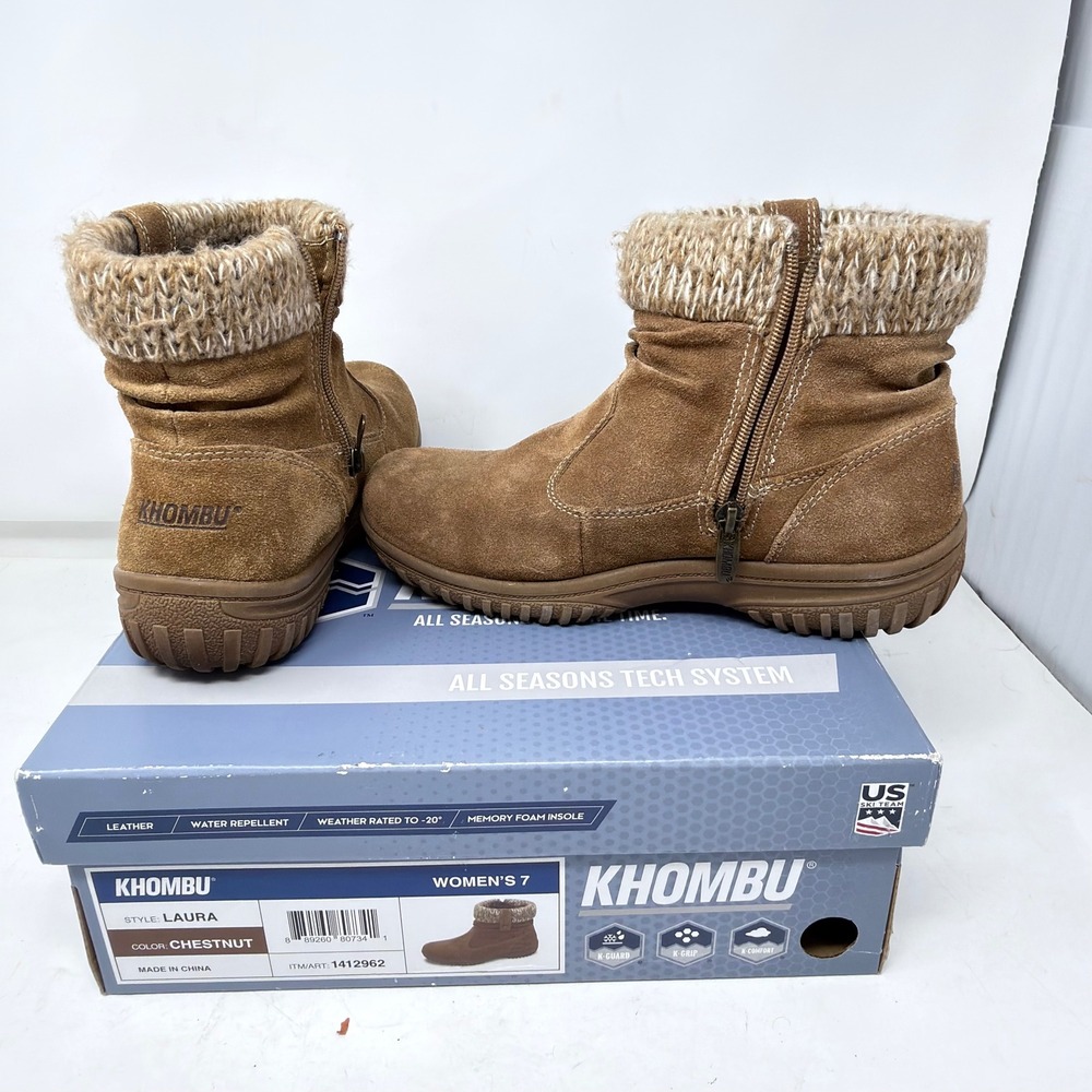Khombu Laura Womens 7‎ Chestnut Suede Knit Ankle Boots Weather Rated Winter
